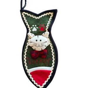 Green Fish Shaped Cat Christmas Stocking Nice Kitty 3D Plush Buffalo Plaid Bow